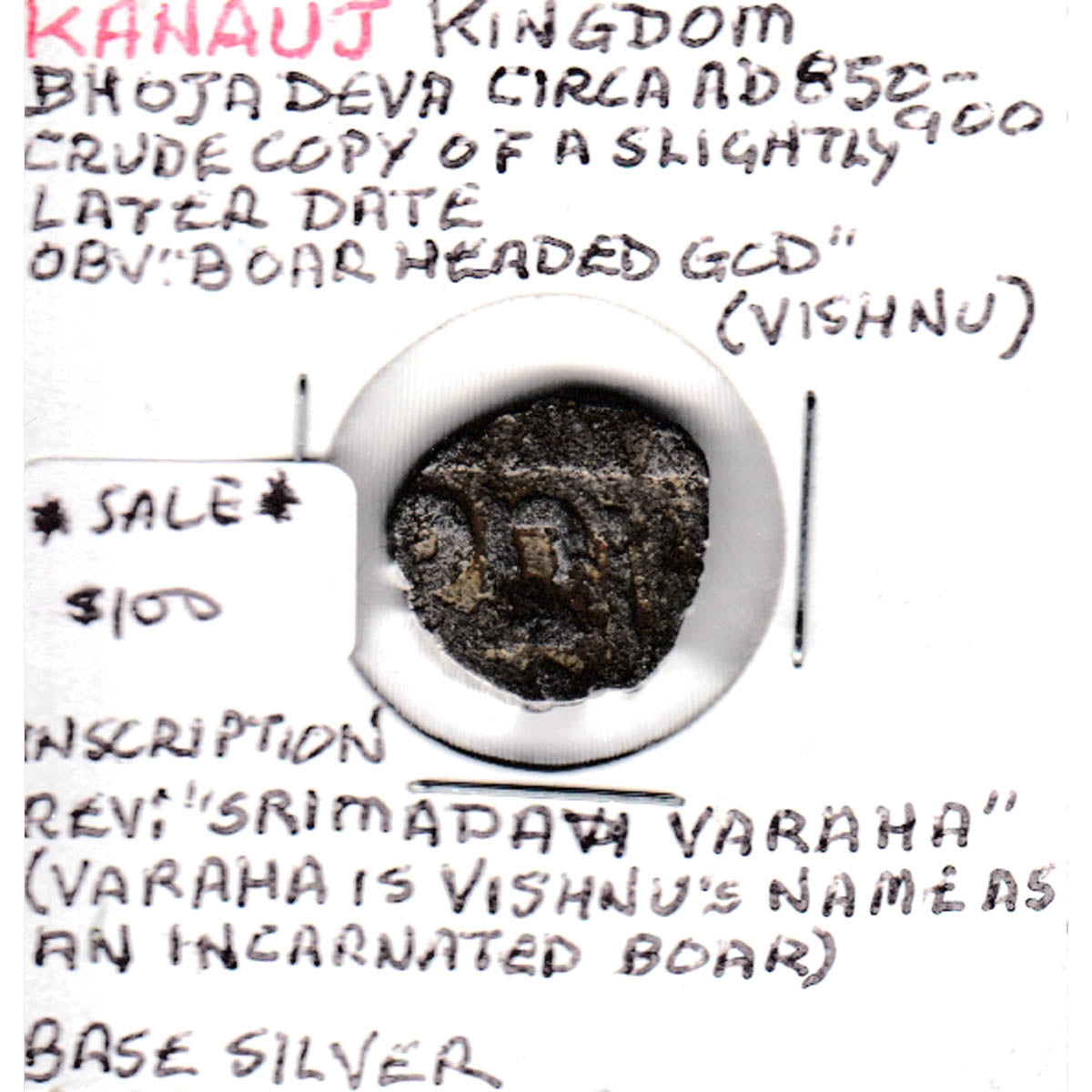 India Medieval Kanauj Kingdom 850-900CE Boar-headed Vishnu Silver Historical Copy