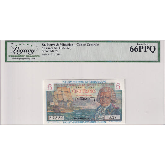 St. Pierre & Miquelon 1950-1960 5 Francs Note, Pick #22, Legacy Certified GUNC66 PPQ
