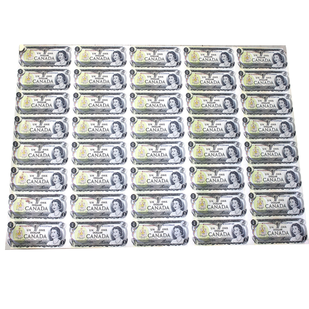 Uncut Sheet of 40x 1973 Canada $1 Notes, BFK Prefix, in Tube - 5x8 (See description)