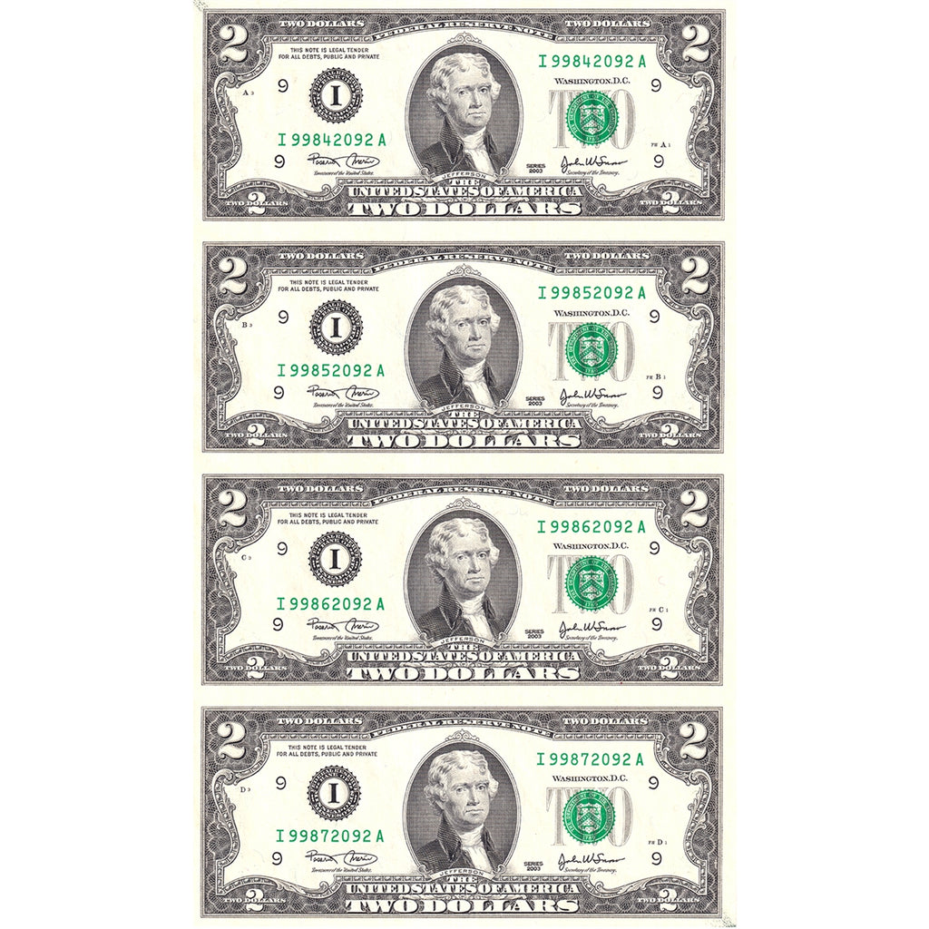 Uncut Sheet of 4x 2003 USA $2 Federal Reserve Notes, Minneapolis, IA, in Folder