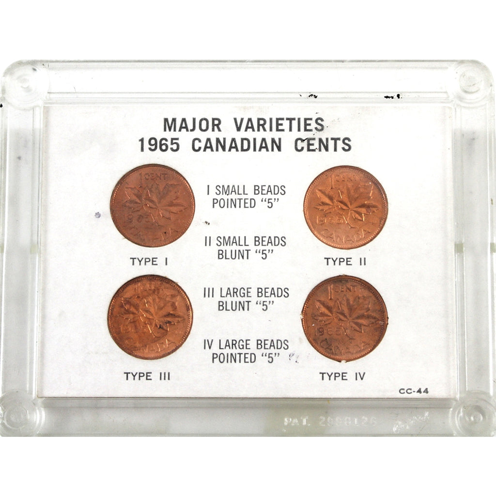 Set of 4x 1965 Canada 1-cent Varieties, 4Pcs in Holder (Some toning, holder cracked)