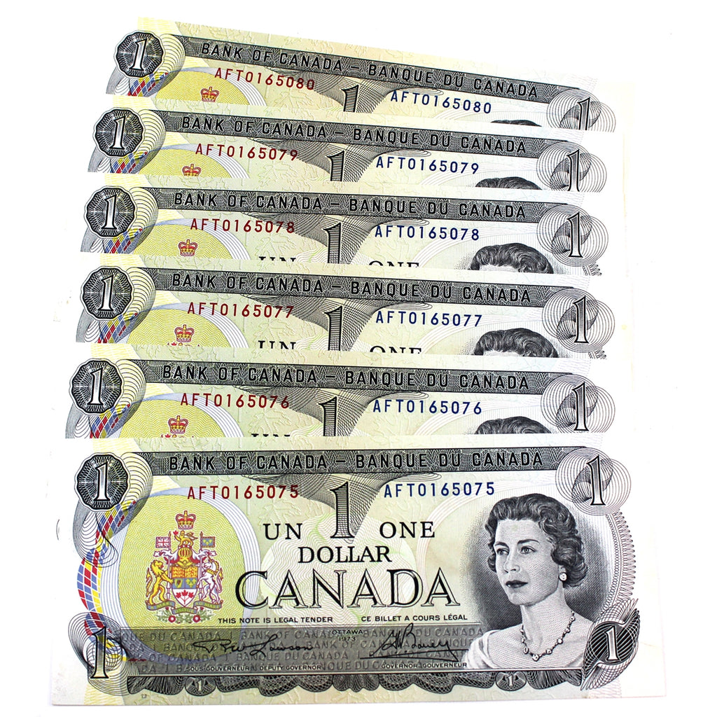 Lot of 6x Sequential 1973 Canada $1 Notes, Lawson- Bouey 6Pcs