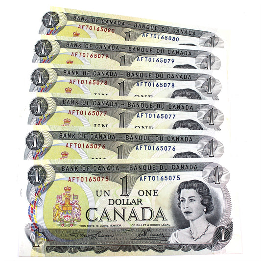 Lot of 6x Sequential 1973 Canada $1 Notes, Lawson- Bouey 6Pcs