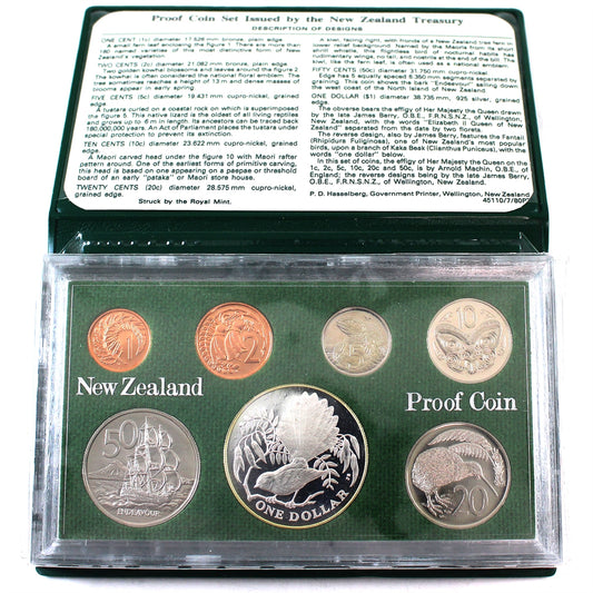 New Zealand 1980 7-coin Proof Set with .925 Silver Dollar (Some light toning)