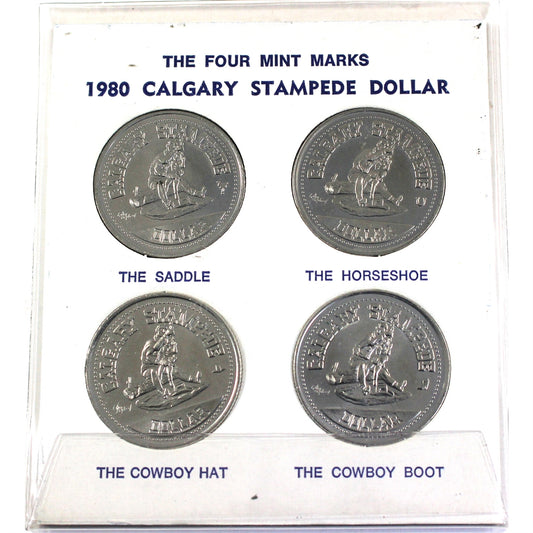 Set of 4x 1980 Calgary Stampede Dollar Tokens - The Four Mint Marks, 4Pcs in Card