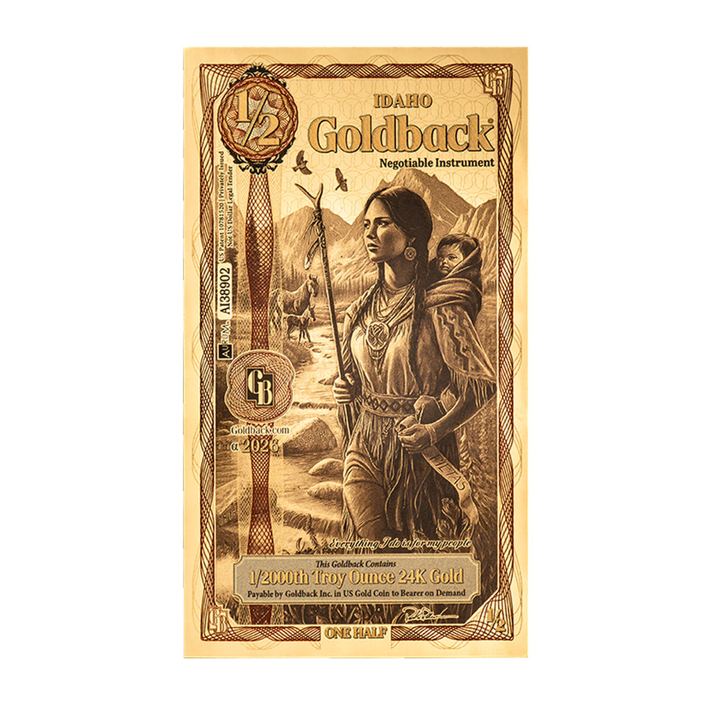(2026) 1/2 Idaho Goldback Aurum 1/2000oz 24K .9999 Gold Wafer Foil Note (No Tax)