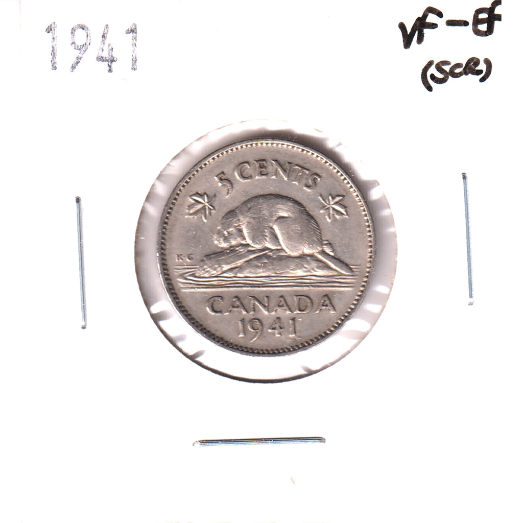 1941 Canada 5-cents VF-EF (VF30) Scratched, Cleaned or Impaired