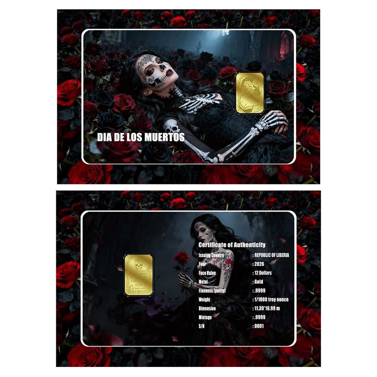 2026 Liberia $12 Dia De los Muertos: Roses 1/1000oz 24K .9999 Gold (No Tax)