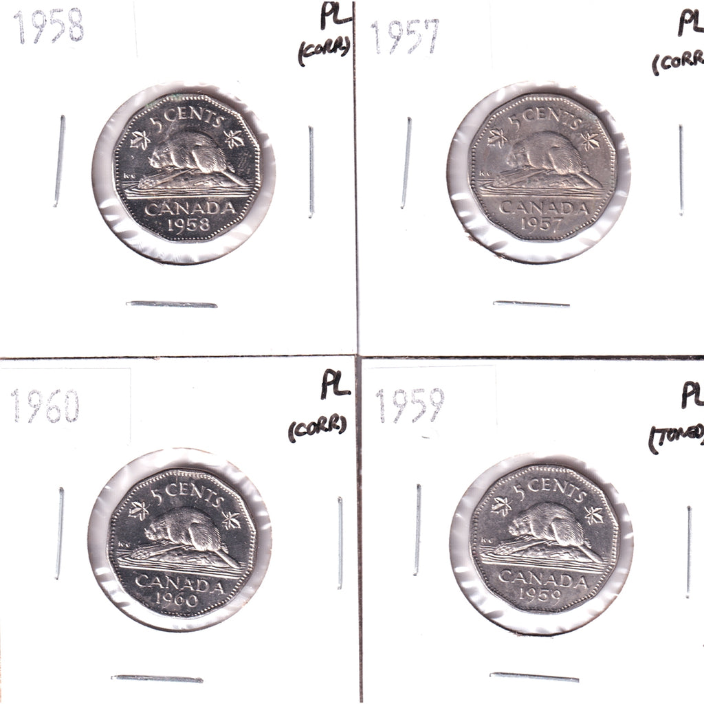 Lot of 4x 1957, 1958, 1959 & 1960 Canada 5-cents Proof Like, 4Pcs (Corrosion or Toned)