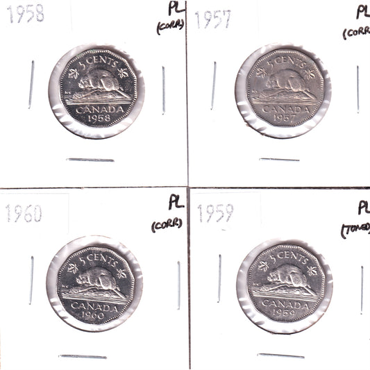 Lot of 4x 1957, 1958, 1959 & 1960 Canada 5-cents Proof Like, 4Pcs (Corrosion or Toned)