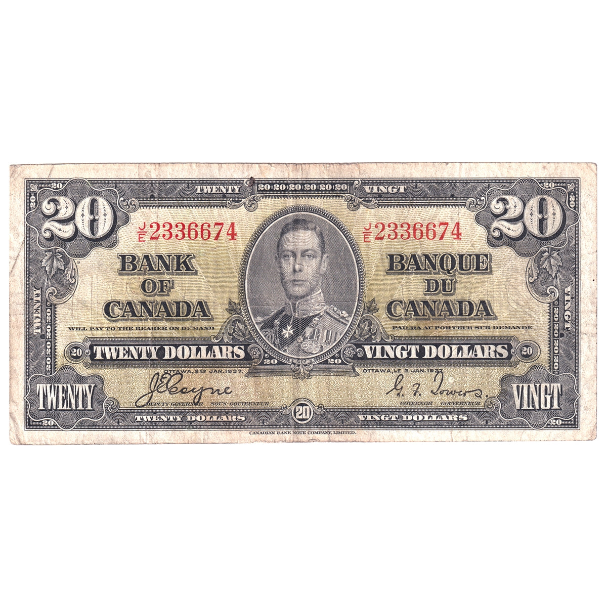 BC-25c 1937 Canada $20 Coyne-Towers, Fine (F12) Tears, Stains, or Damaged