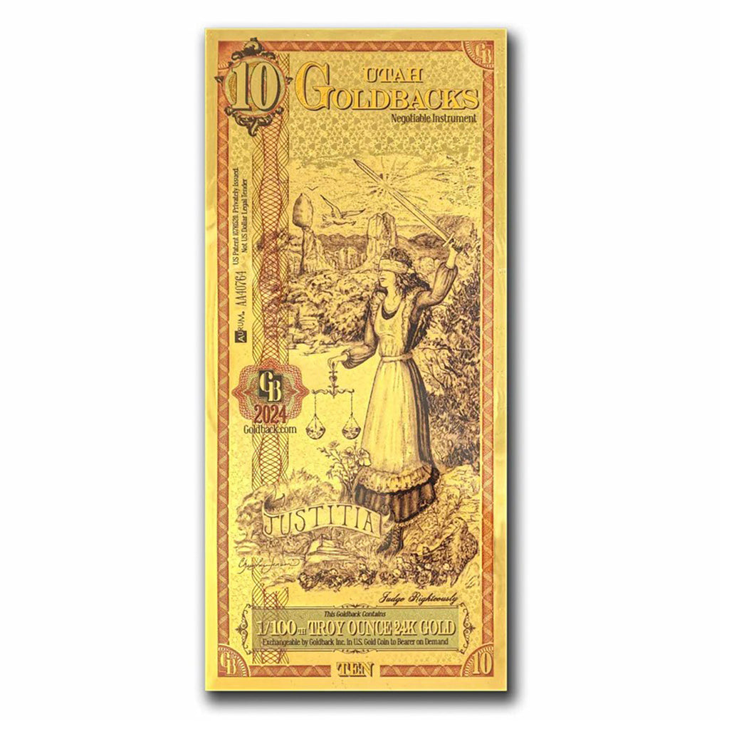 Ten Utah Goldback Aurum 1/100oz 24K .9999 Gold Wafer Foil Note (No Tax)