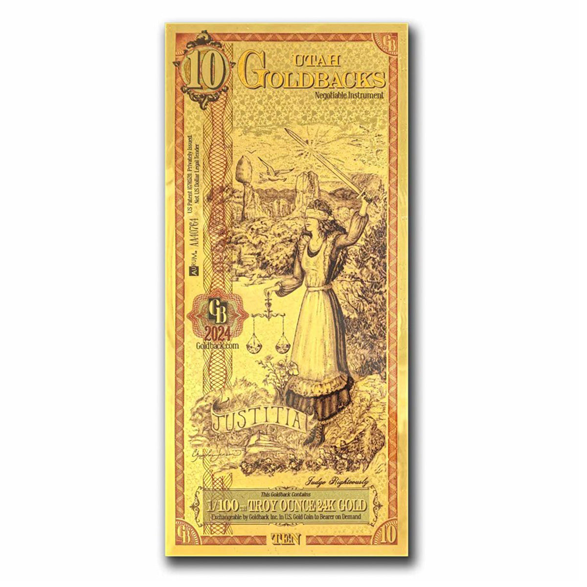 Ten Utah Goldback Aurum 1/100oz 24K .9999 Gold Wafer Foil Note (No Tax)