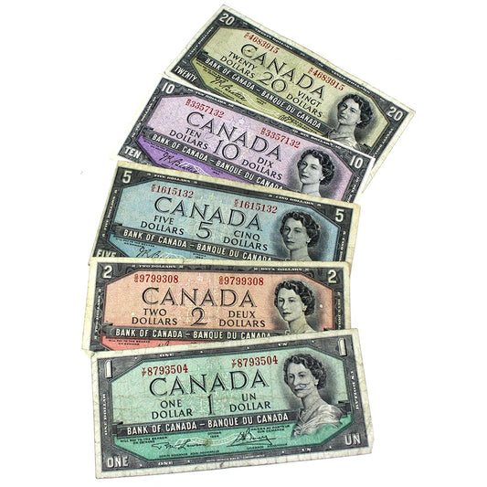 Lot of 5x 1954 Canada $1, $2, $5, $10 & $20 Notes, 1 Each, Circulated, 5Pcs