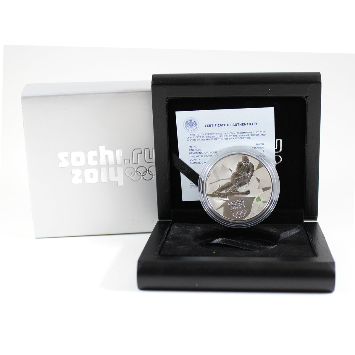 Russia Sochi 2014 3 Roubles Olympic Alpine Skiing Sterling in Case (Light issues)