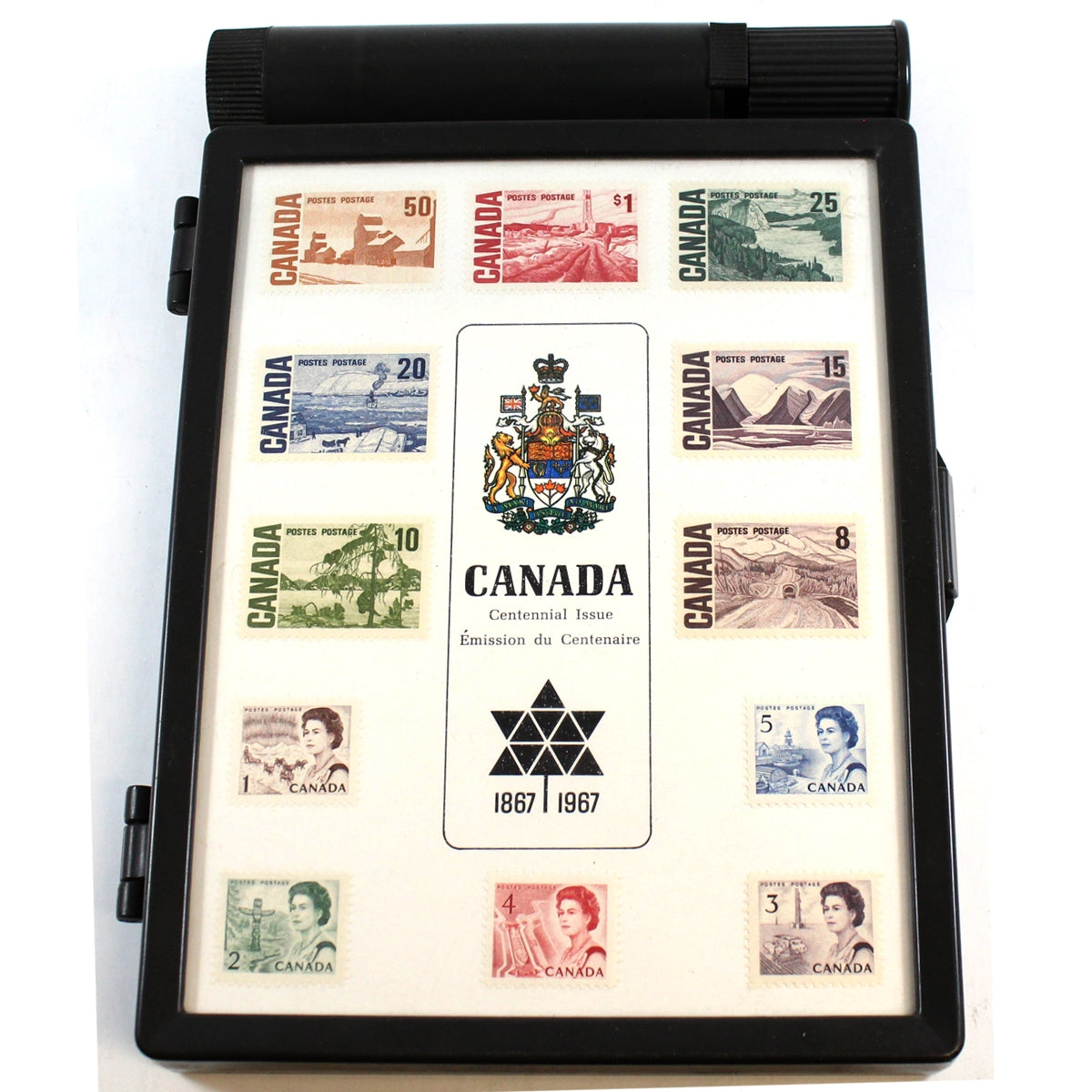 1967 Canada Centennial Stamp Box with 12x Regular Issue Postage Stamps (Issues)