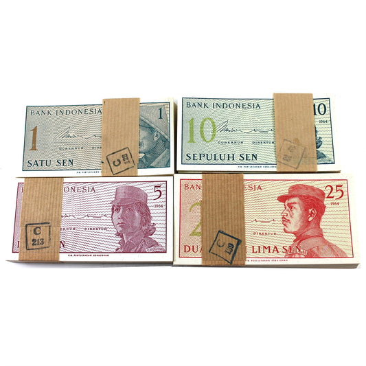 Lot of 4x 1964 Indonesia Original Bundles of 100+ Notes, 1, 5, 10 & 25 Sen, 4 Bundles