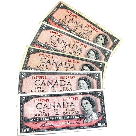 Lot of 5x 1954 Canada $2 Notes with All Different Prefixes, Circ, 5Pcs (Impaired)