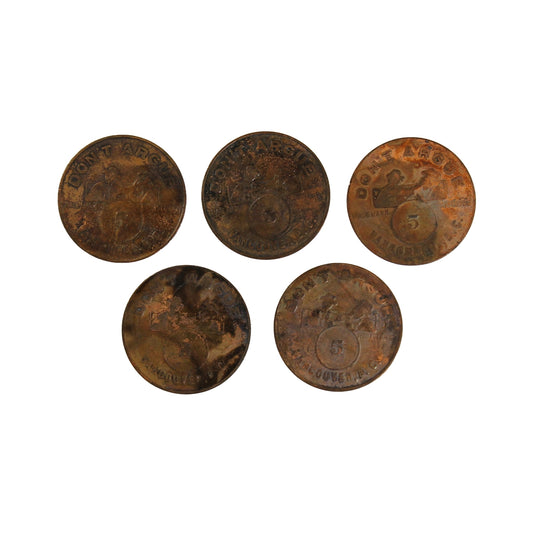 Lot of 5x Don't Argue - Con Jones, Vancouver, BC 5-cent Tokens, 5Pcs (Toned/corrosion)