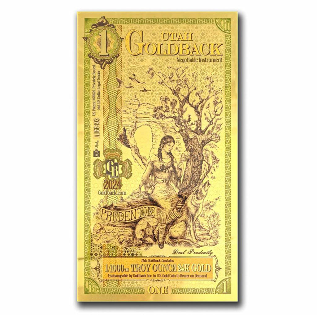 One Utah Goldback 1/1000oz 24K .9999 Gold Wafer Foil Note (No Tax) Scr Holder
