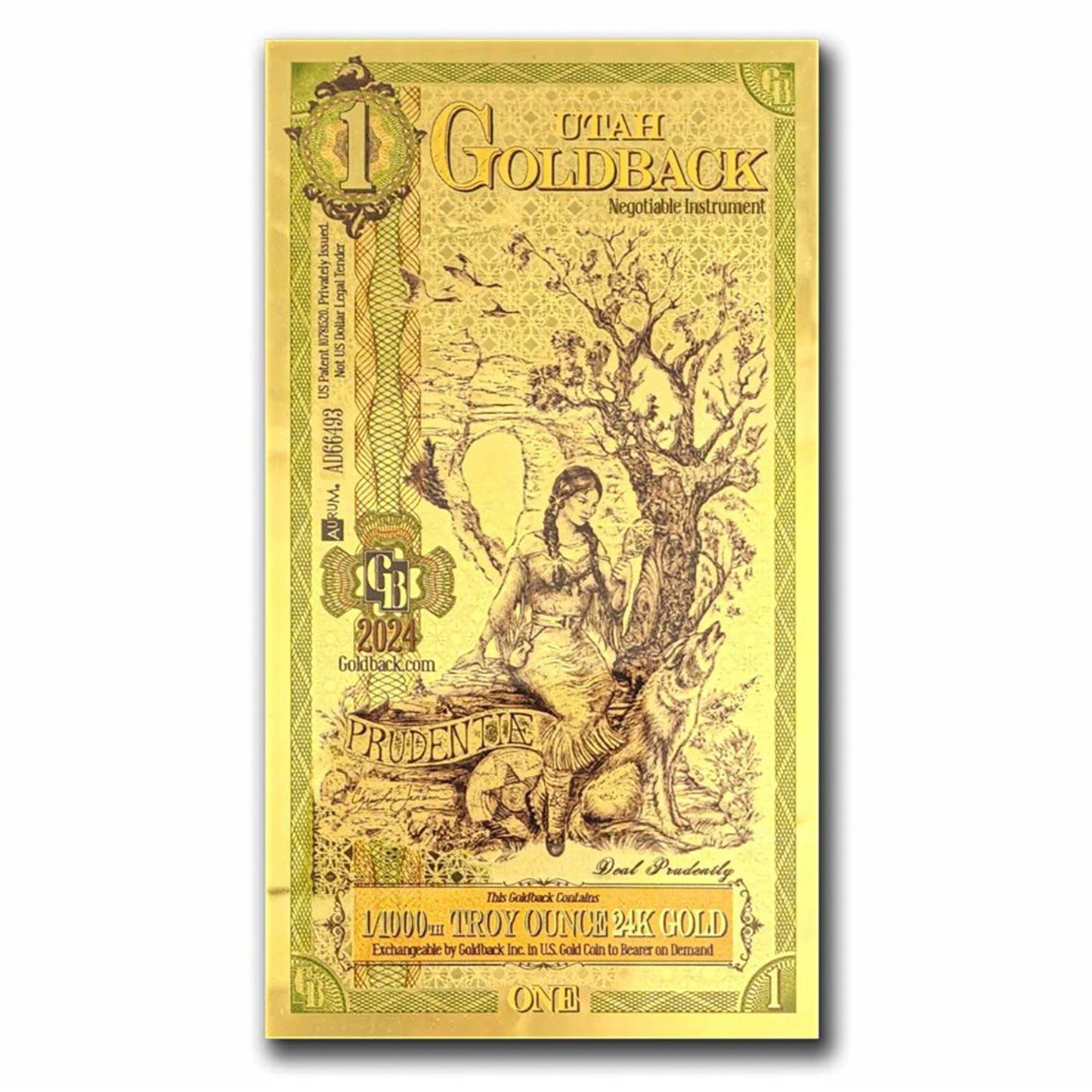 One Utah Goldback 1/1000oz 24K .9999 Gold Wafer Foil Note (No Tax) Scr Holder