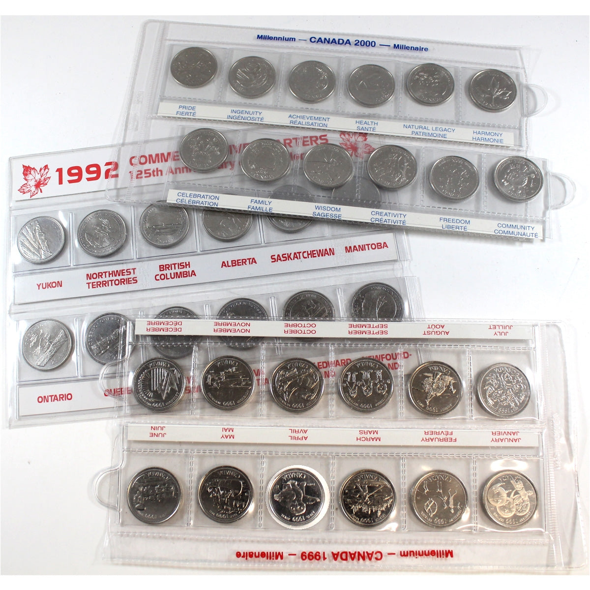 1992, 1999 & 2000 Canada 12-coin 25-cent Commemorative Sets in Sleeves, 3Pcs