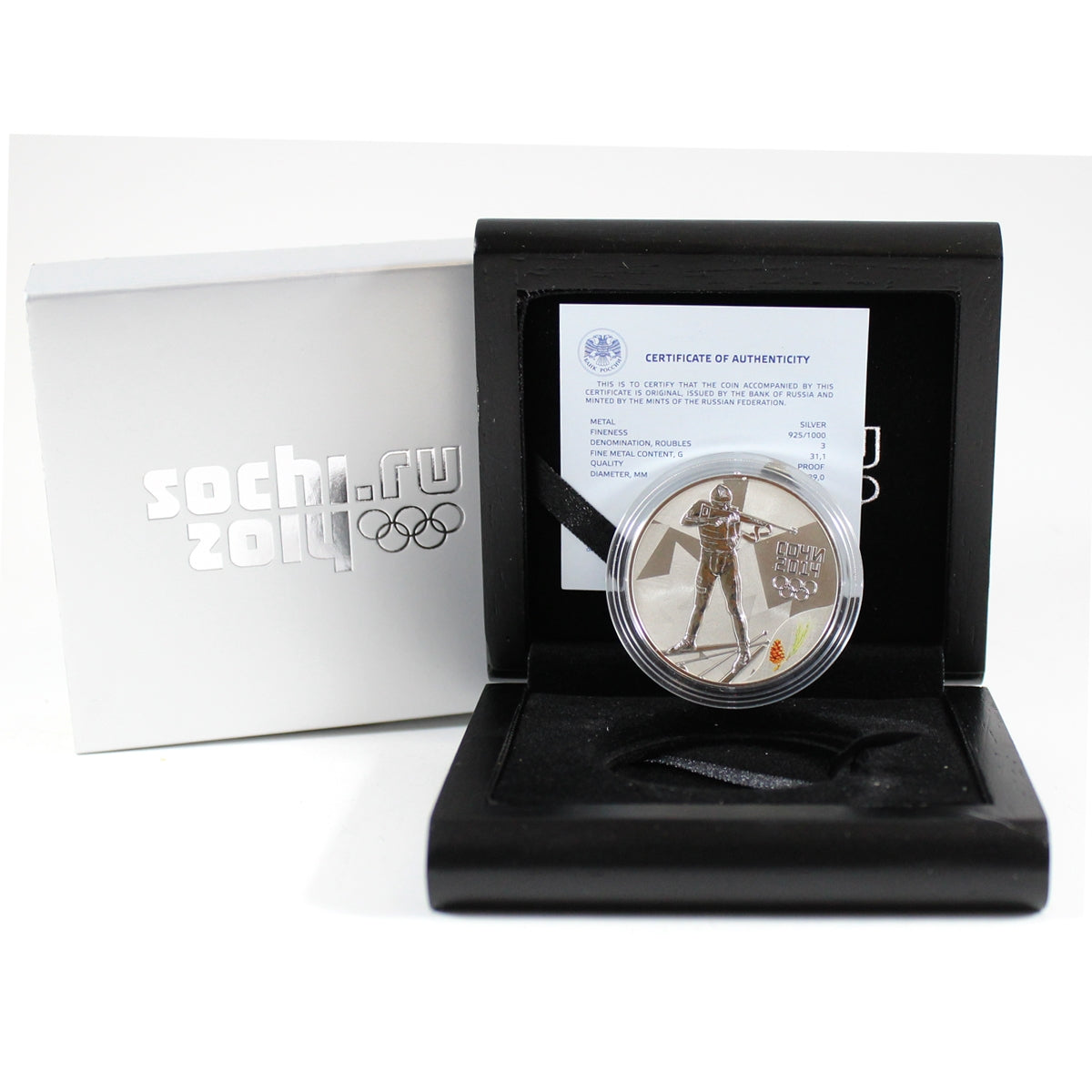 Russia Sochi 2014 3 Roubles Olympic Biathlon Sterling Silver Proof in Case (Impaired)