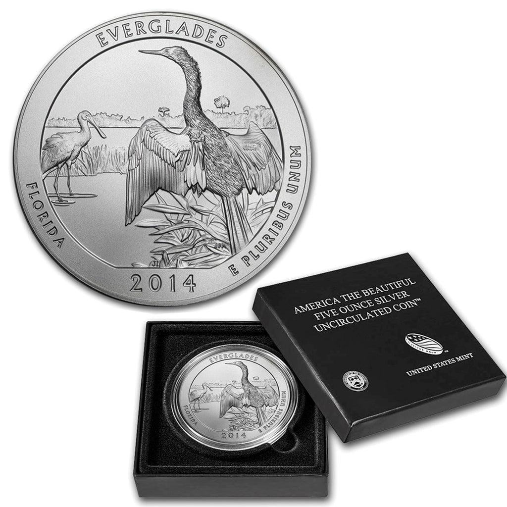 2014 (P) USA Everglades 5oz .999 Silver Coin in Box (No Tax) Outer Sleeve Bent