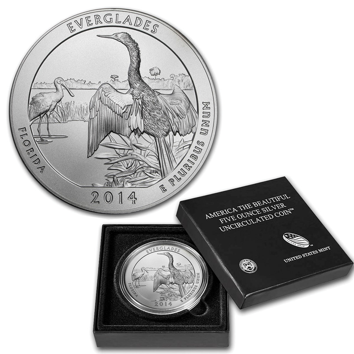 2014 (P) USA Everglades 5oz .999 Silver Coin in Box (No Tax) Outer Sleeve Bent