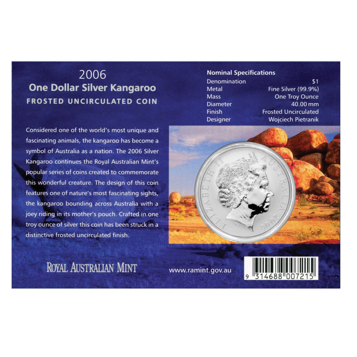 2006 Australia $1 Kangaroo 1oz .999 Silver Coin in Card (No Tax) Flaws