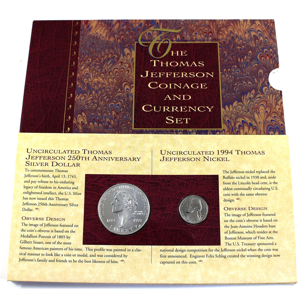 Thomas Jefferson Coinage & Currency Set (1993 $1, 1994 nickel, 1976 $2 note) Impaired