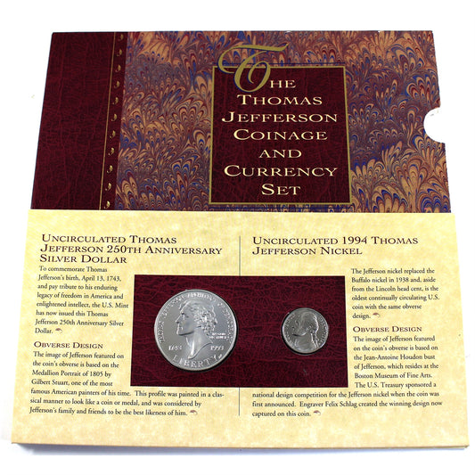 Thomas Jefferson Coinage & Currency Set (1993 $1, 1994 nickel, 1976 $2 note) Impaired