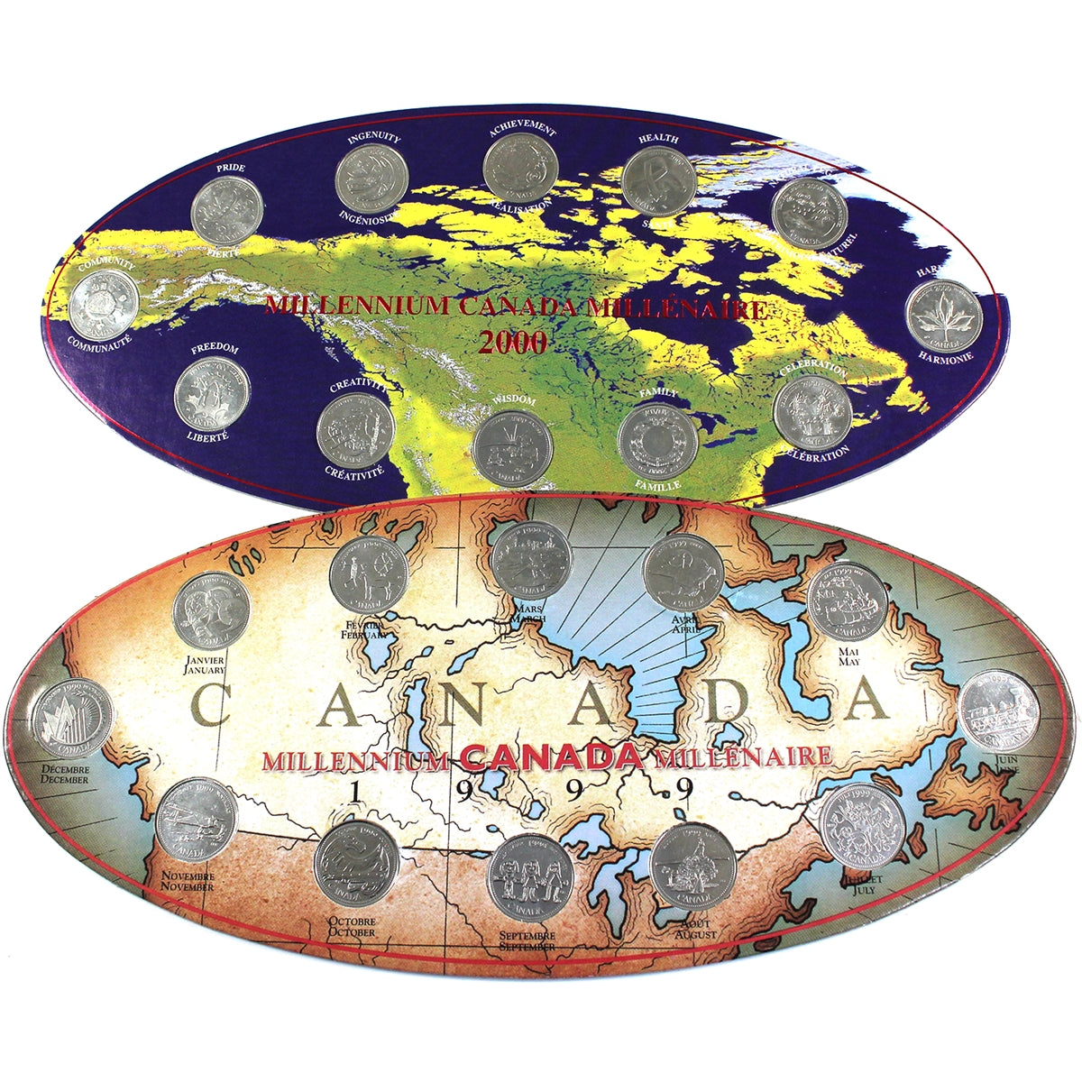 1999 & 2000 Canada Millennium 25-cent Oval Map Collector Boards w/Coins, 2 Sets