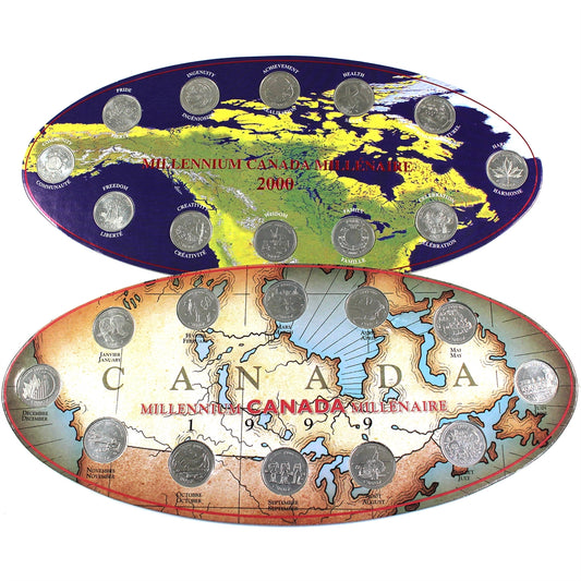 1999 & 2000 Canada Millennium 25-cent Oval Map Collector Boards w/Coins, 2 Sets