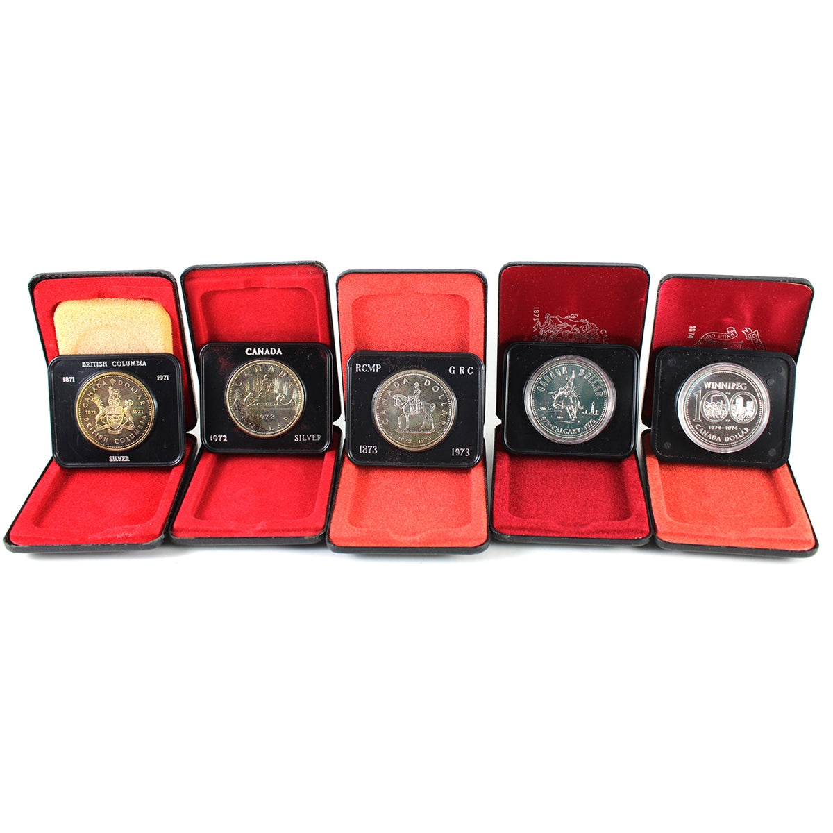 Lot of 5x 1971-1975 Canada Specimen Silver Dollars in Cases, 5Pcs (Issues)