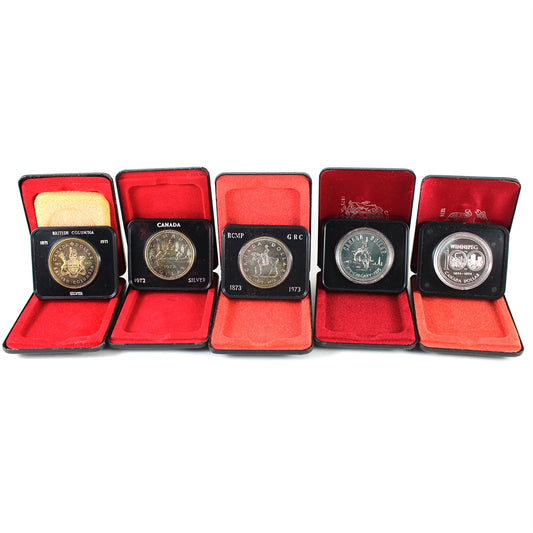 Lot of 5x 1971-1975 Canada Specimen Silver Dollars in Cases, 5Pcs (Issues)