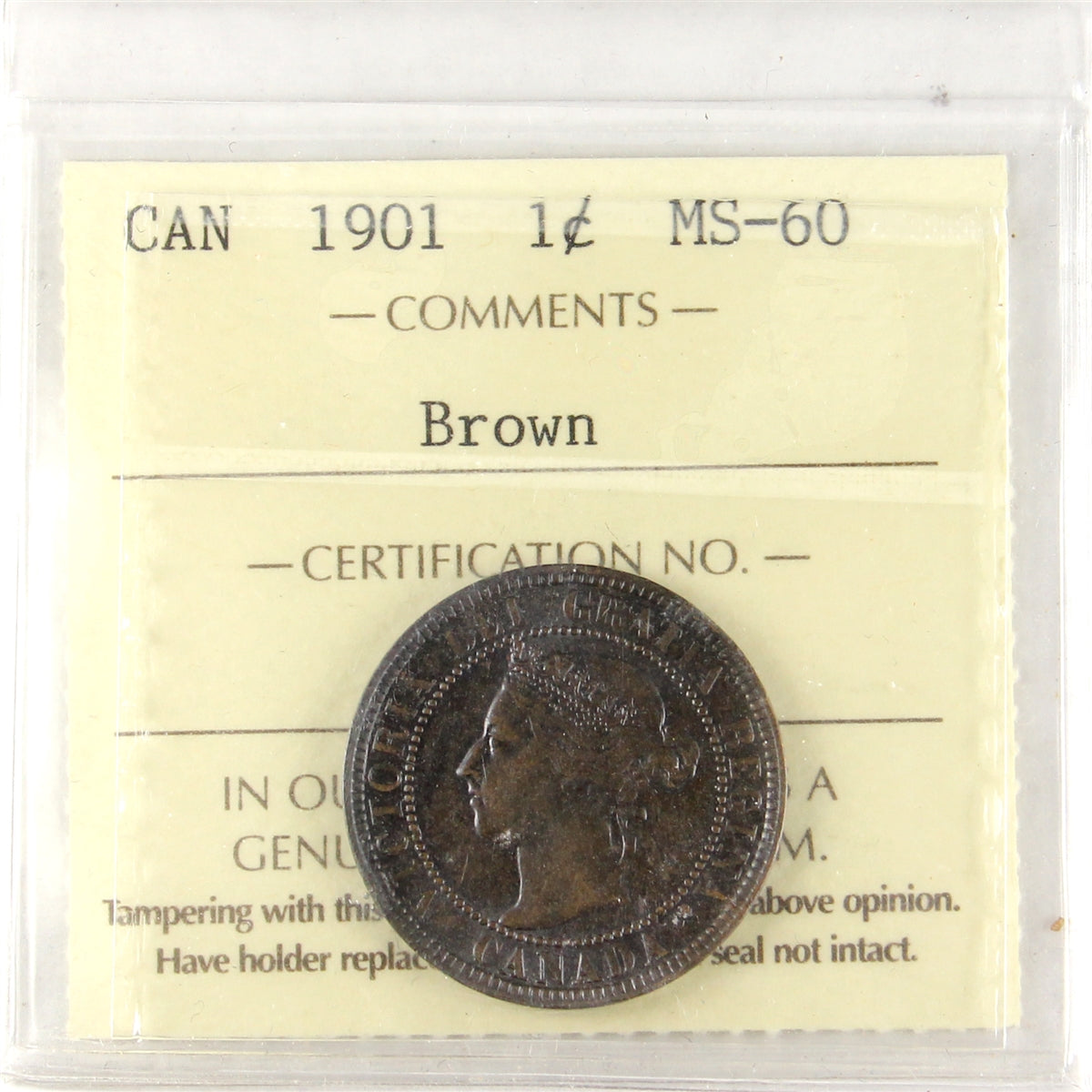 1901 Canada 1-cent ICCS Certified MS-60 Brown