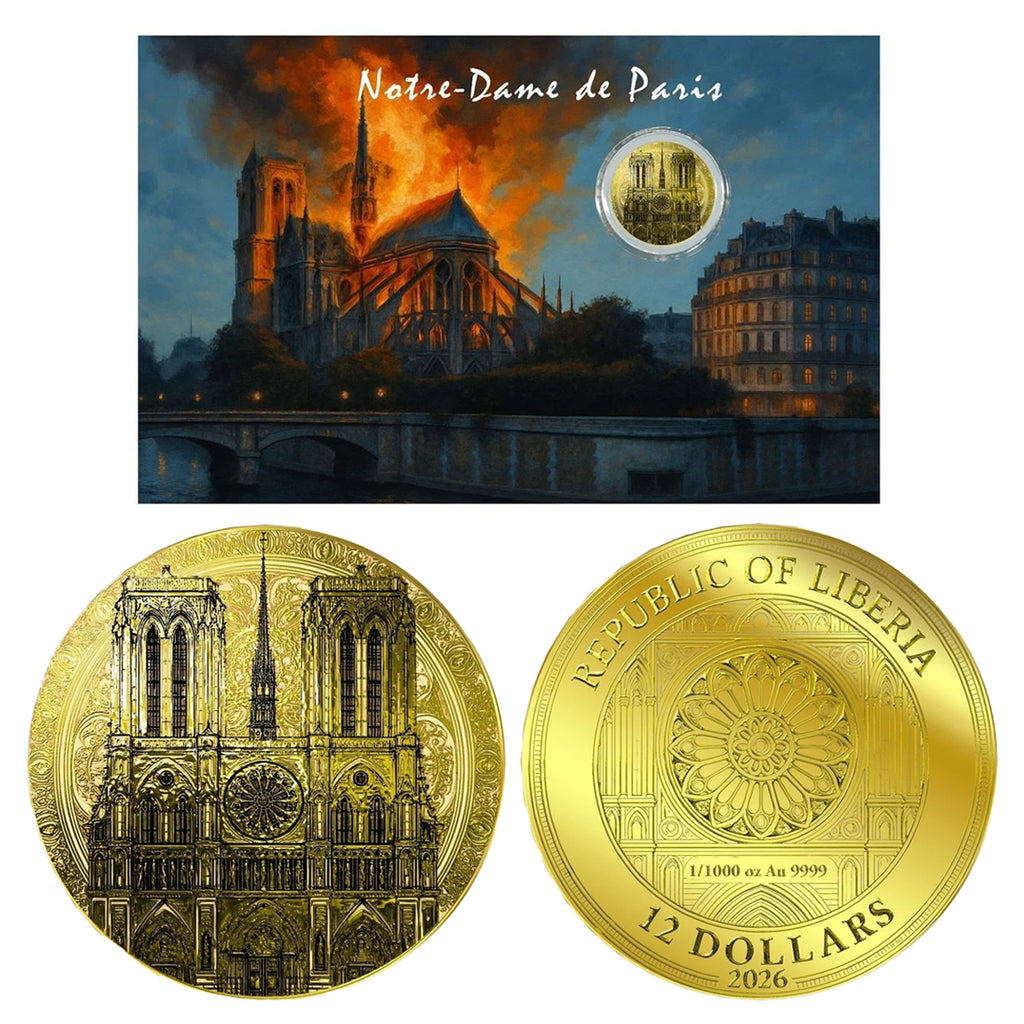 2026 Liberia $12 Notre Dome 1/1000oz 24K .9999 Gold in Card (No Tax)