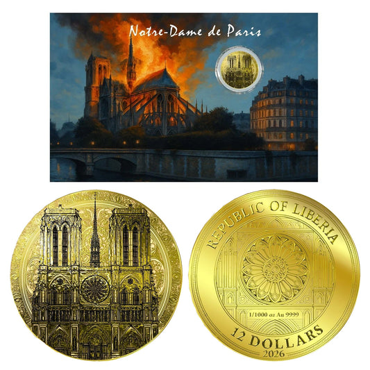 2026 Liberia $12 Notre Dome 1/1000oz 24K .9999 Gold in Card (No Tax)