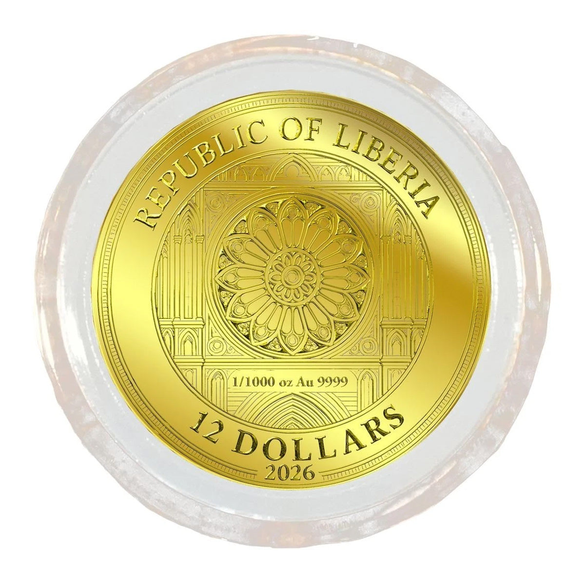 2026 Liberia $12 Notre Dome 1/1000oz 24K .9999 Gold in Card (No Tax)
