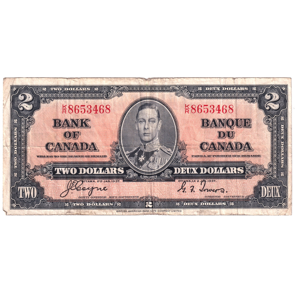 BC-22c 1937 Canada $2 Note, Coyne-Towers, Fine (F12) Tears, writing, or impaired