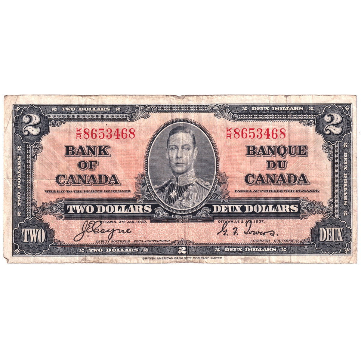 BC-22c 1937 Canada $2 Note, Coyne-Towers, Fine (F12) Tears, writing, or impaired