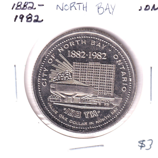 North Bay, Ontario, 1980 Trade Dollar Token: 1982 Centennial, Featuring Fur Trade