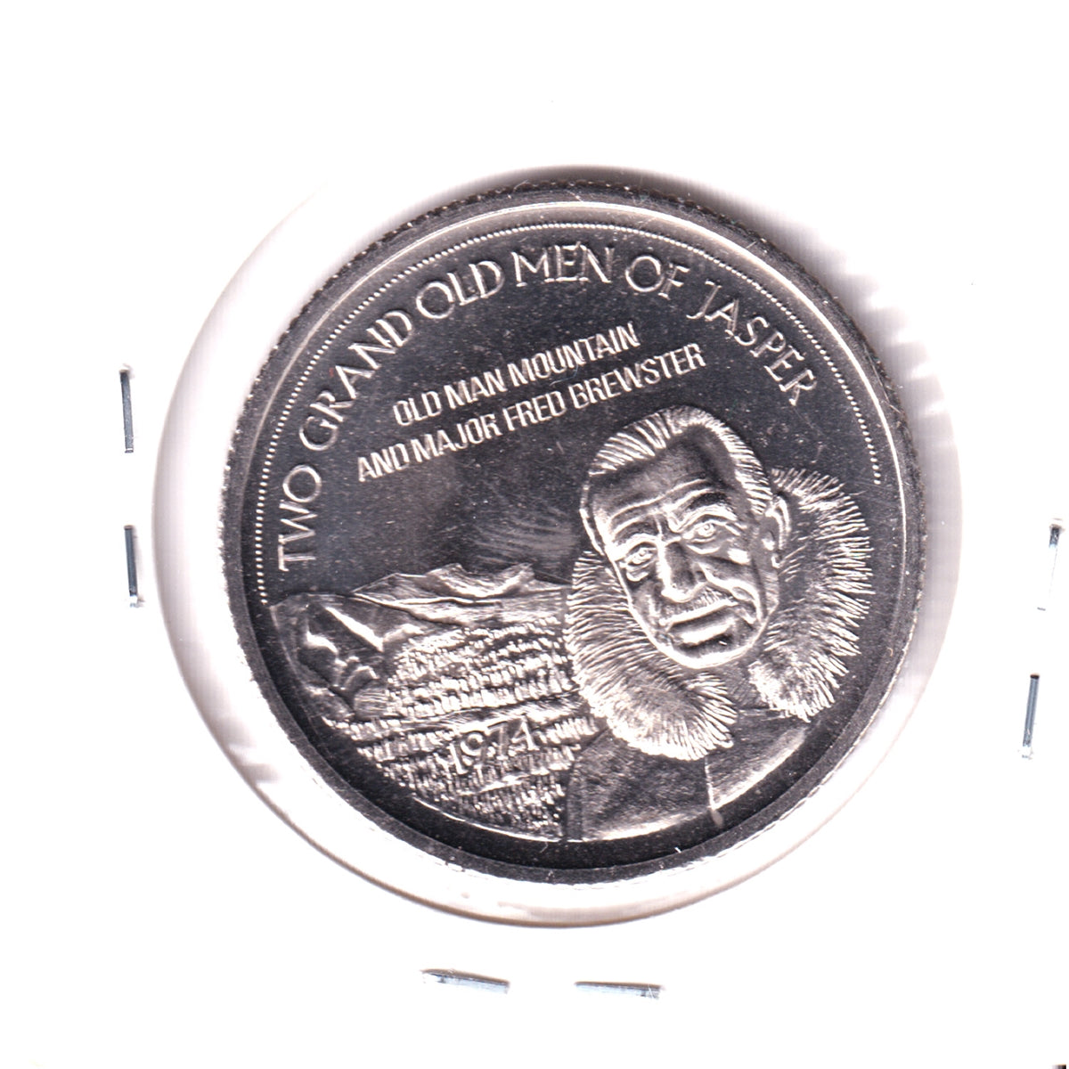 1974 Jasper, Alberta, Souvenir Dollar Trade Token: Old Man Mountain & Major Brewster