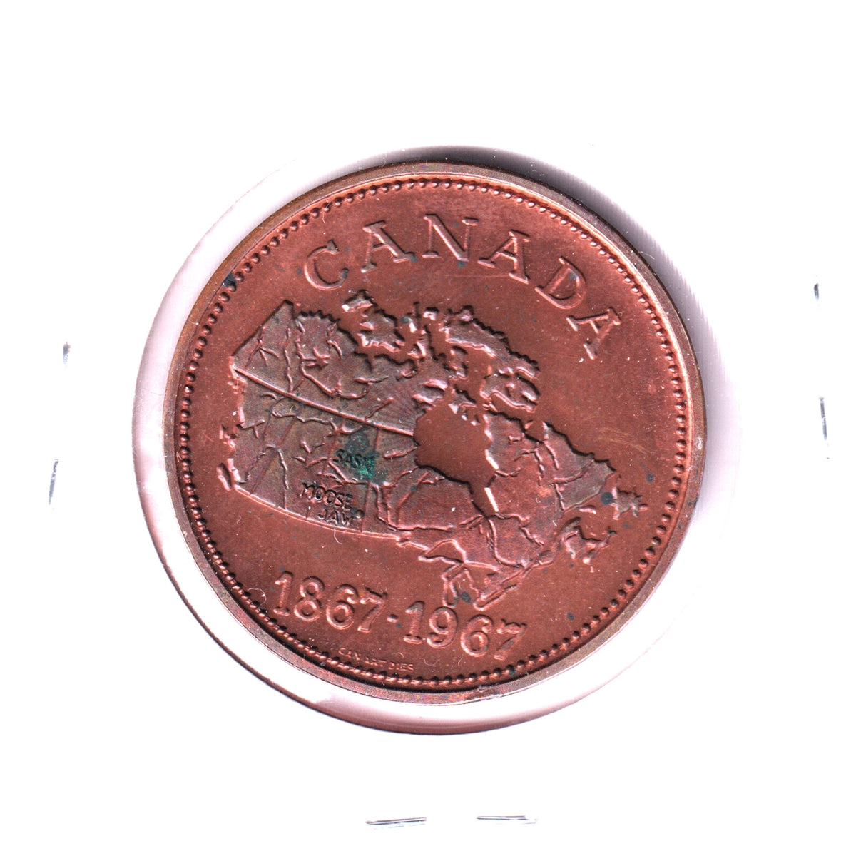 1967 Moose Jaw Coin Club Canada Centennial Medallion: Coin-a-Rama (Corrosion)