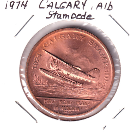 1974 Calgary Stampede Medallion: First RCMP Plane in Alberta (Lightly Toned)