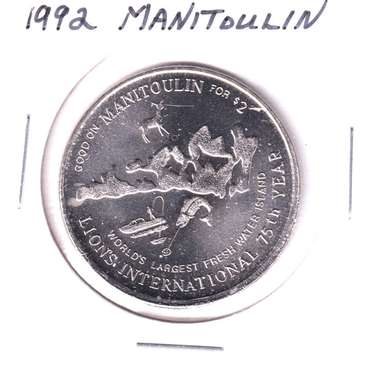 1992 Manitoulin Island Haweater $2 Trade Token: Lion's International 75th Year