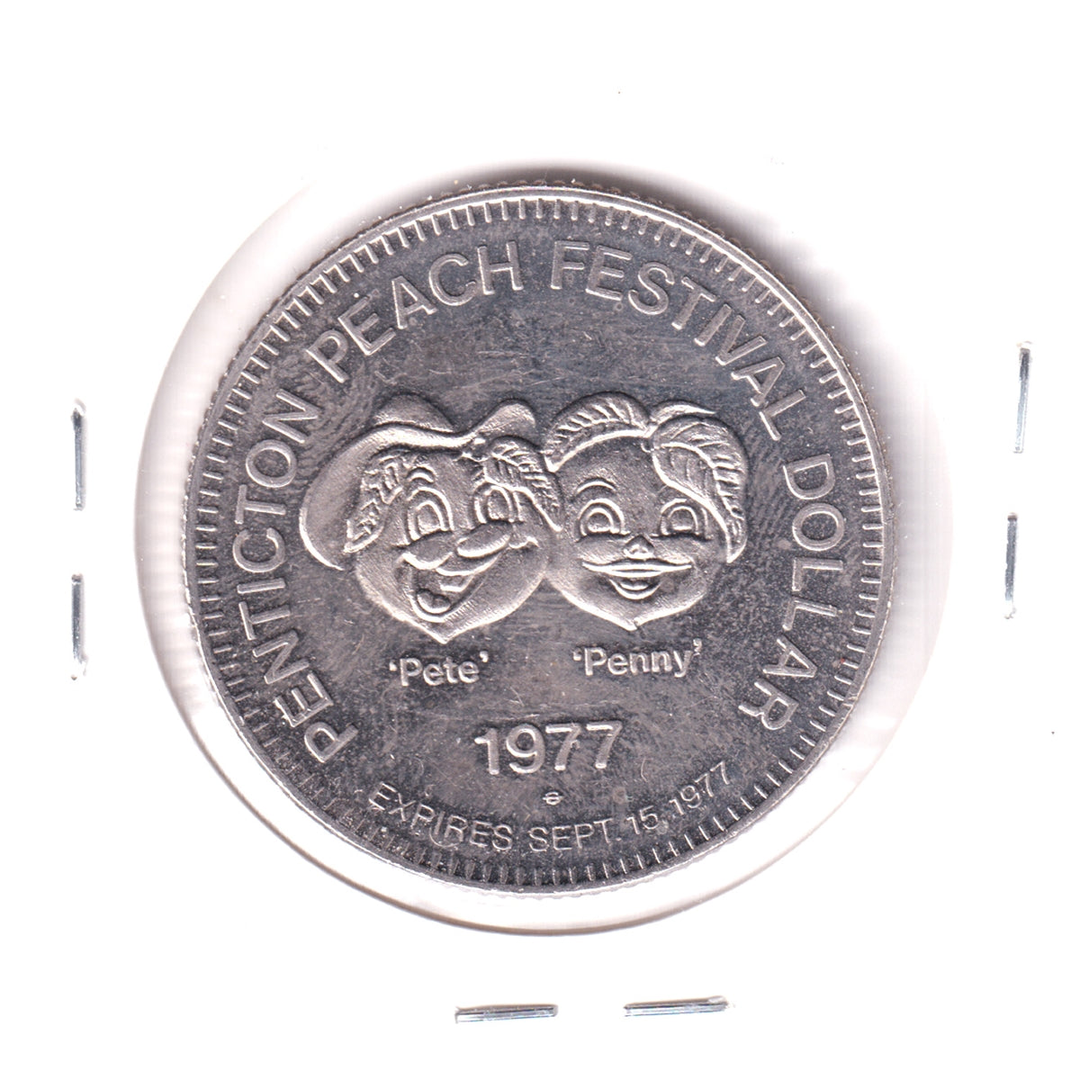 1977 Penticton (British Columbia) Peach Festival Dollar Trade Token: Vacation Paradise