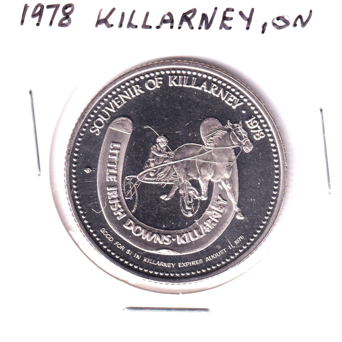 1978 Killarney, Ontario, Leprechaun Dollar Trade Token: Little Irish Downs Horse Track