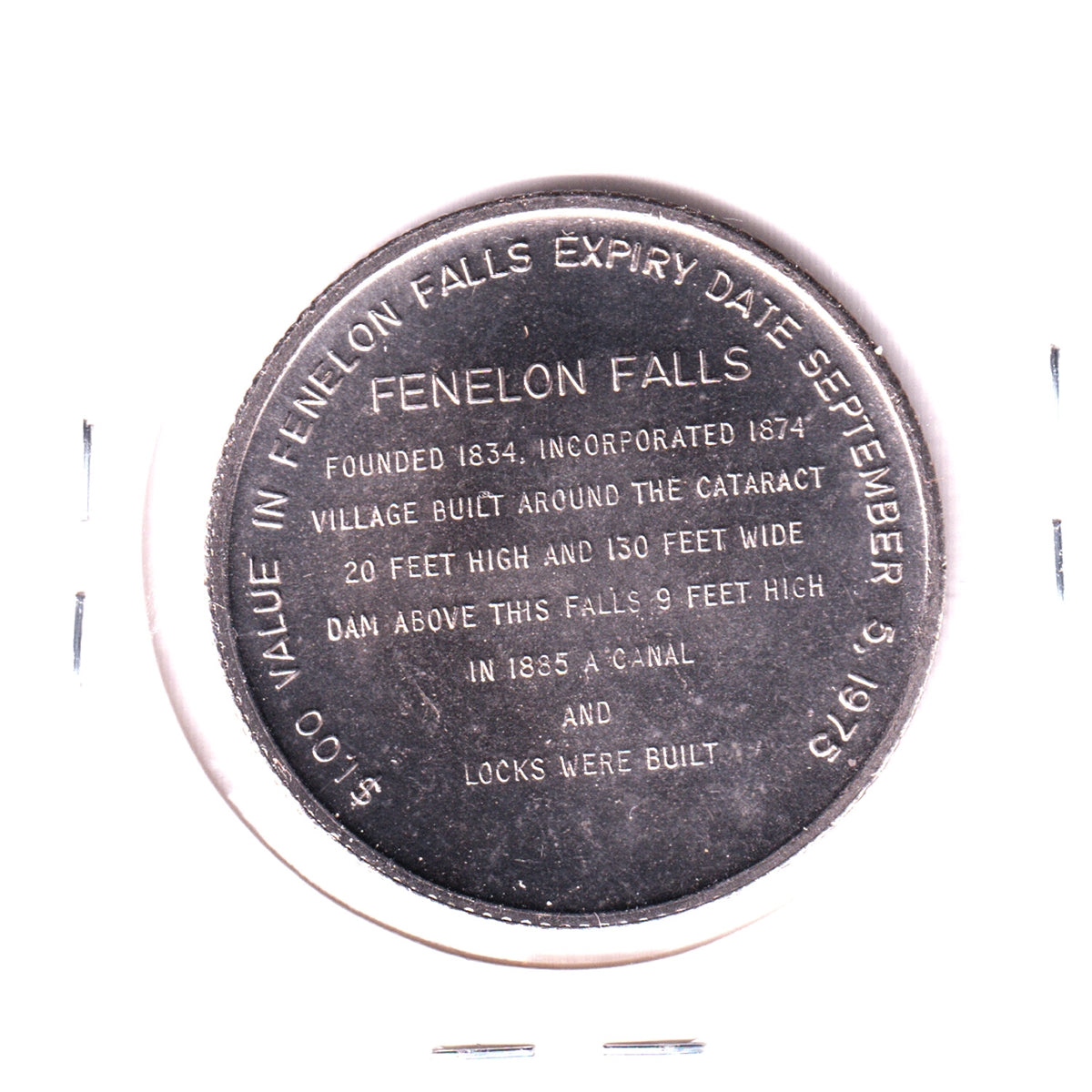 1974 Fenelon Falls, Ontario, Historical Centennial Dollar Trade Token